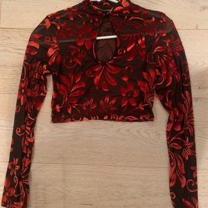 Red and black velvet floral crop top